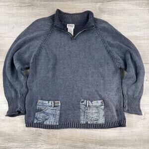 PBJ Blues Sweater Womens XL Blue Denim Accents Heavy Knit 1/4 Zip Raime EUC VTG